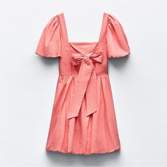 NWT Zara Linen Blend Short Sleeve Mini Dress Bow Size Large Coral Pink - Picture 13 of 13